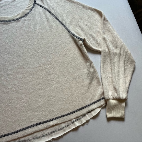 CANAPÉ cream ivory terry cloth knit contrast stitch fray raw hem boxy sweater - Picture 2 of 6